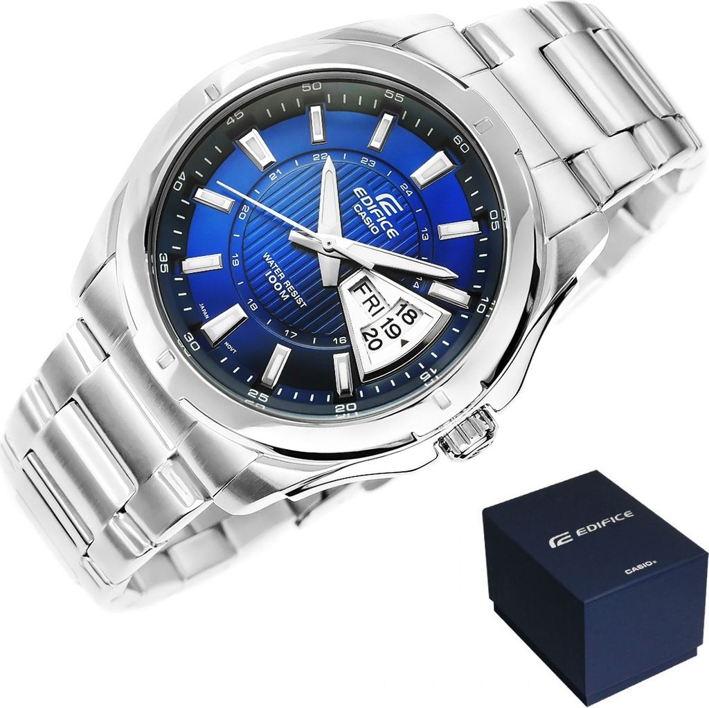 A silver Casio Edifice watch with a blue dial is displayed on a white background, alongside its dark blue presentation box.