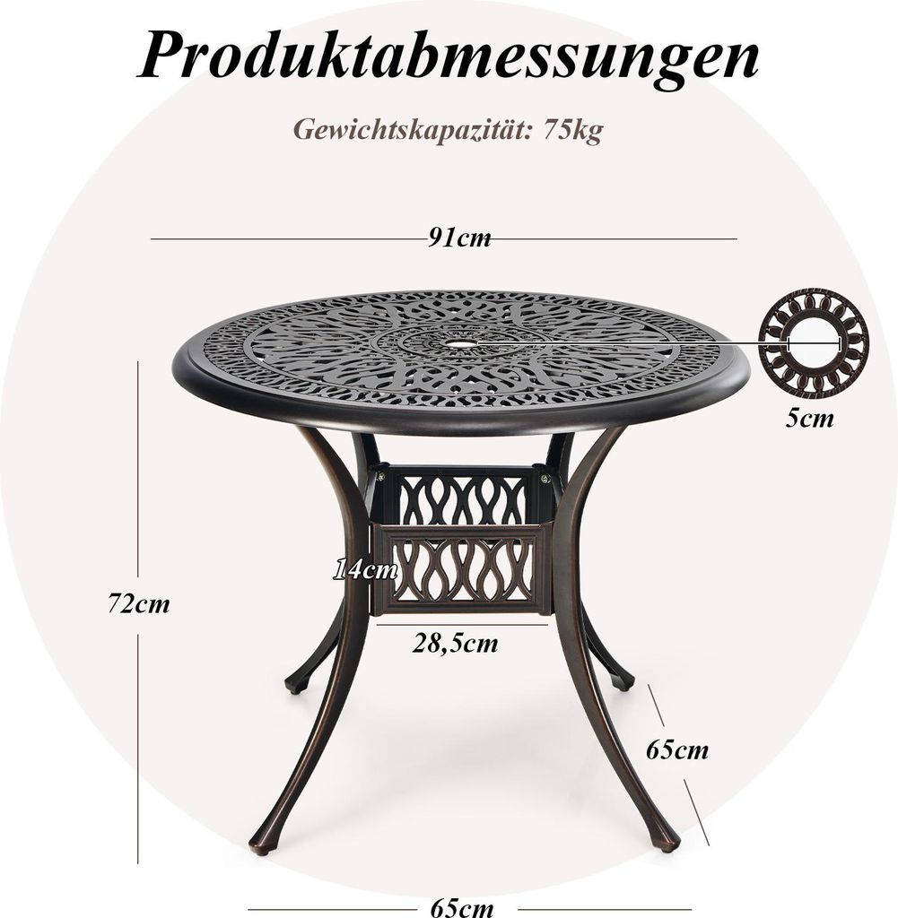 COSTWAY Gartentisch mit Schirmloch, Ø90x72cm runder