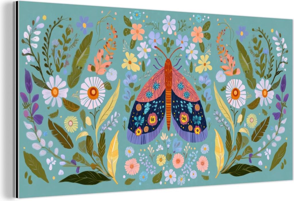 MuchoWow Wanddekoration Metall Metallbild Wandkunst 120x60 cm Schmetterling - Ornamental - Blumen - Blätter MuchoWow Aluminium Gemälde - Metalbilder