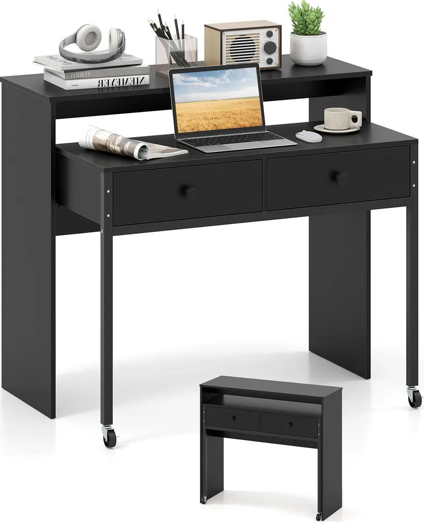 COSTWAY Scrivania allungabile, piccola scrivania per computer con 2 cassetti, struttura in metallo e rotelle, scrivania per ufficio, scrivania da lavoro, scrivania per PC 100x63x88 cm nero