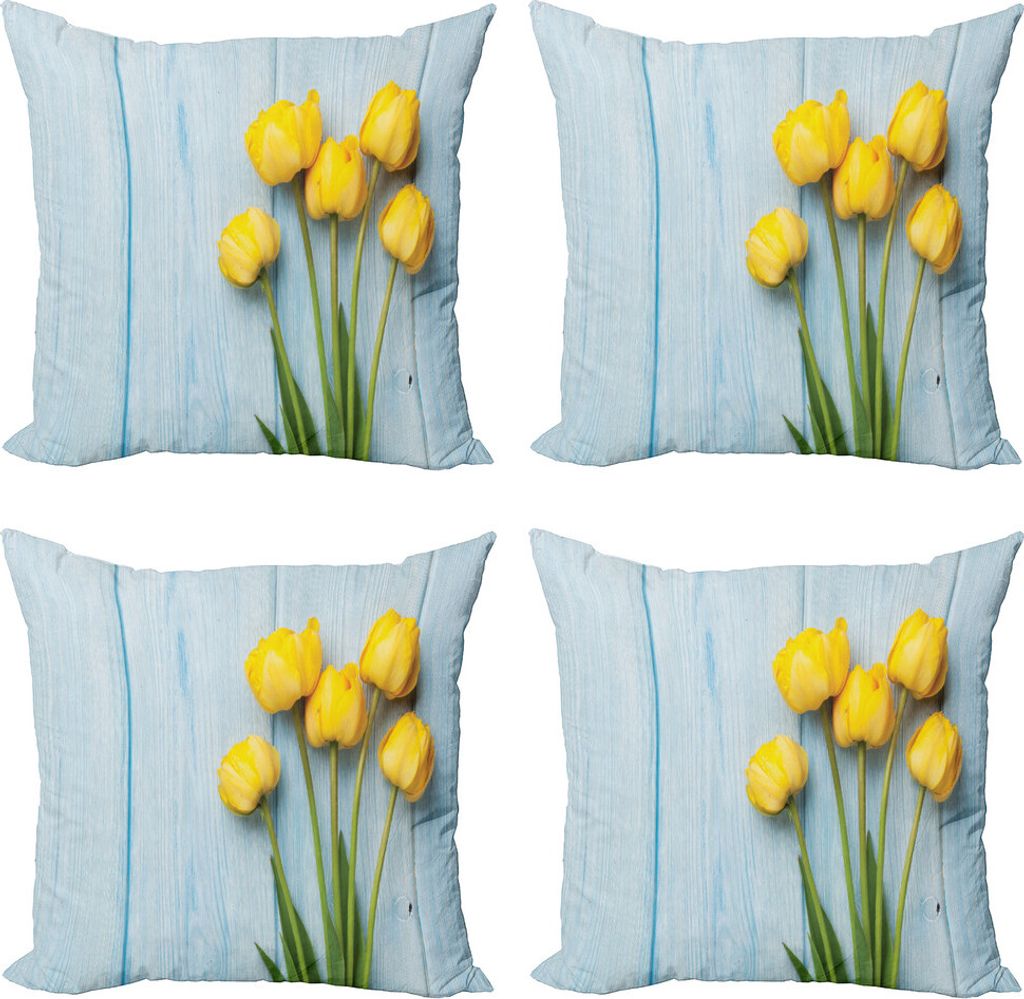 ABAKUHAUS Tulpe Kissenbezug Set (4 Stück), Gelbe Blumen Rustikal, Moderner Doppelseitiger Digitaldruck, 45 cm x 45 cm, Baby-Blau Gelb Grün