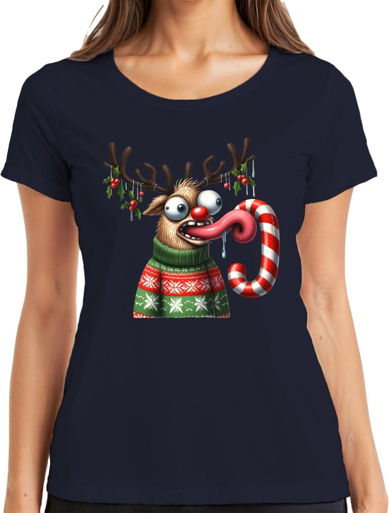 Weihnachten Verrücktes Rentier Zuckerstange lustig Cartoon Damen T-Shirt, Navy, XL