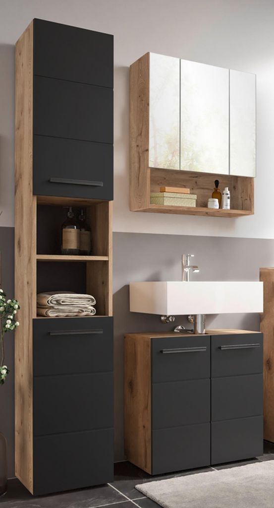 Badezimmer-Set >Vista< (3-tlg.) in Viking Oak / Schwarz - 120x190x31 (BxHxT)