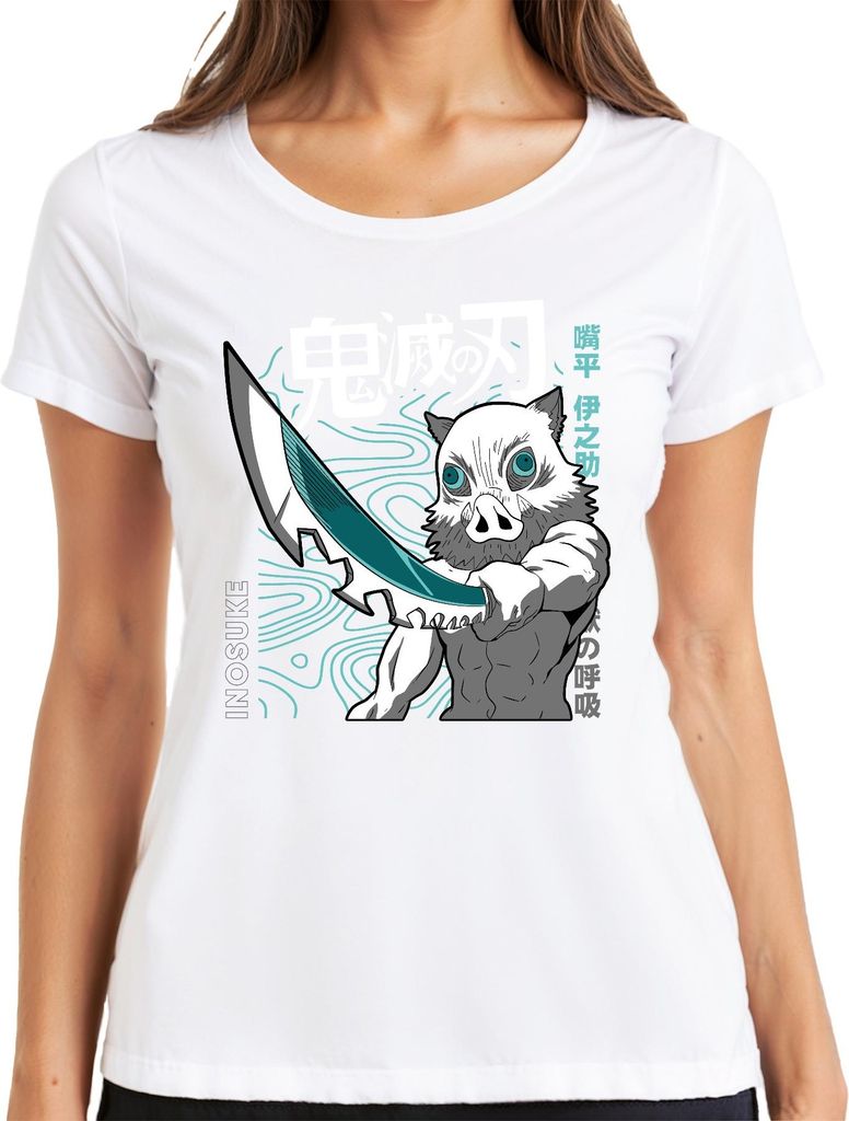 Inosuke Dämonenjäger Anime Ebermaske Schwert Manga Fan Geschenk Damen T-Shirt, Weiß, S