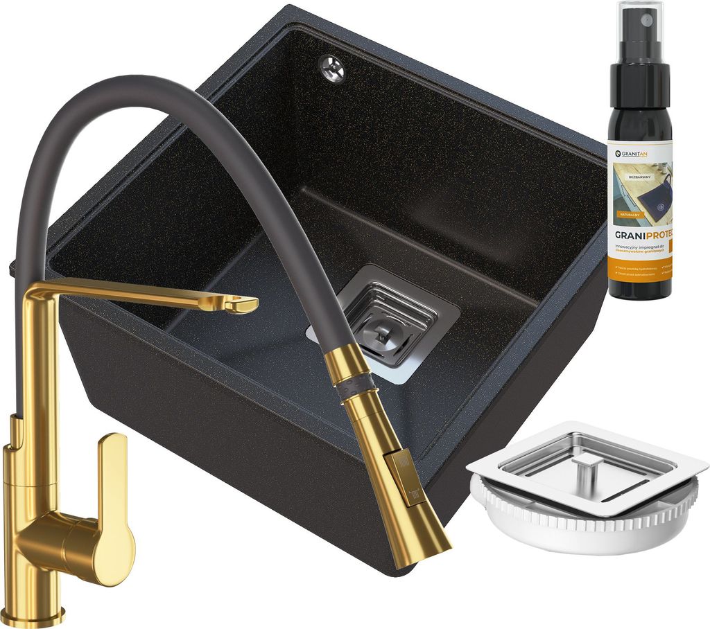 Granitan | Granitspüle NAPO - 42 cm - Schwarz mit goldenen Sprenkeln - Modern und funktional