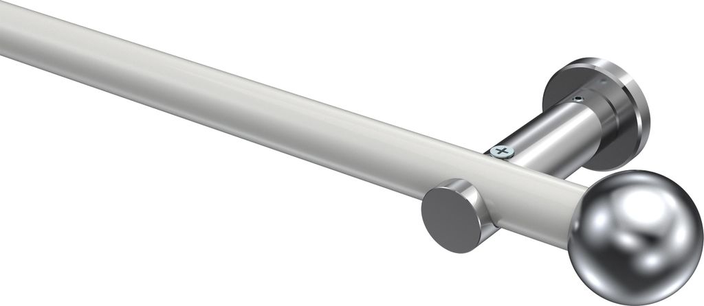 Interdeco Gardinenstange / Vorhangstange Weiß / Chrom, Typ Platon Luino (Kugel) ohne Ringe, 20 mm Ø 1-läufig, 140 cm