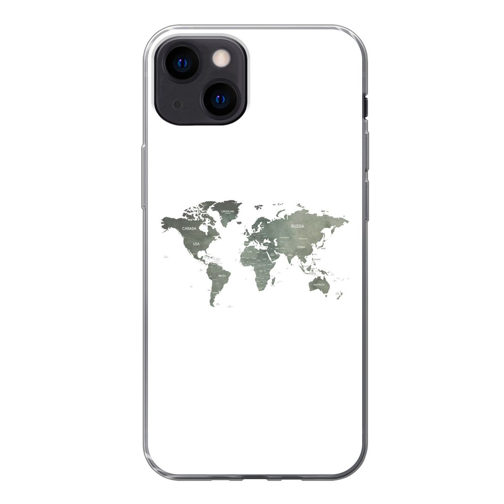 MuchoWow Handyhülle Schutzhülle Hülle für iPhone 13 Weltkarte - Grün - Weiß Silikon Softcase Handy Hülle - Karteninhaber