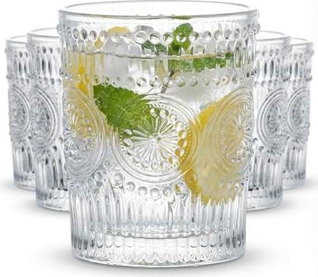Kingrol 6 Stück Wassergläser 270ml Geprägte Trinkglas Vintage Saftgläser Cocktailgläser Longdrinkgläser für Wasser Saft Bier Milch Getränke