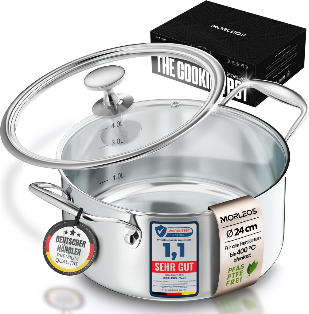 MORLEOS Suppentopf mit modernem, flachem Glasdeckel, 4,7 Liter Edelstahltopf Ø 24x12 cm - Induktion spülmaschinenfest - 5-Schicht - energiesparen...