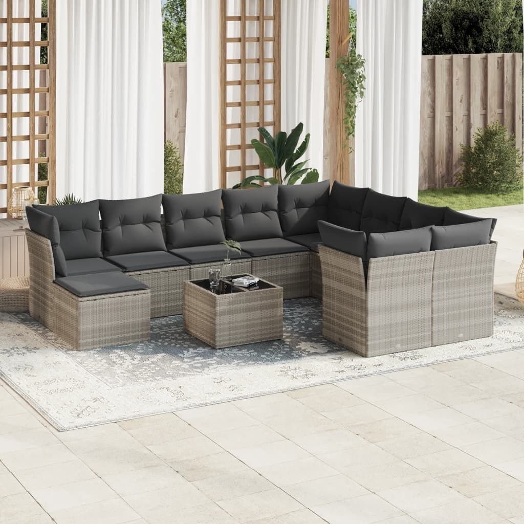 Industrie-Stil 11-tlg. Garten-Sofagarnitur Sofa Set mit Kissen Hellgrau Poly Rattan Terrassenmöbel2024 cloris