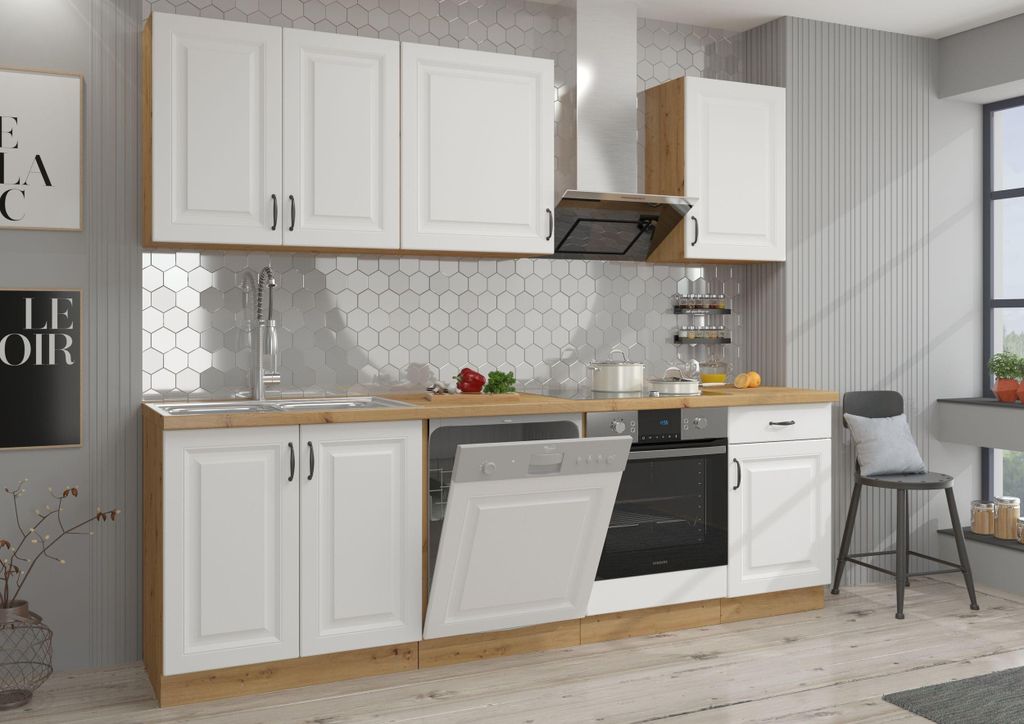 Küche Stilo Weiß + Eiche Artisan 250 cm Küchenzeile Produktbild 