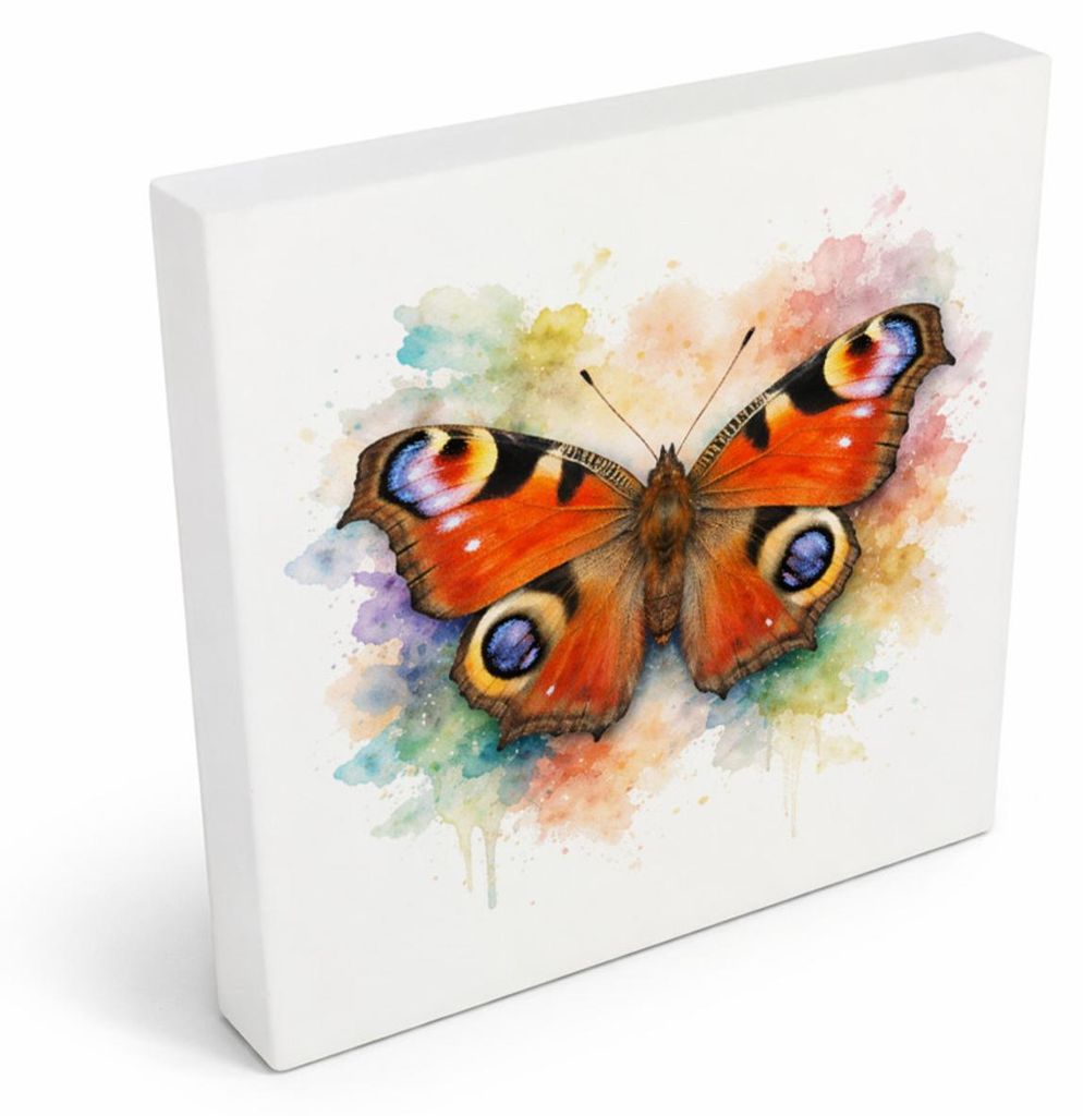 Schmetterlingszauber Tagpfauenauge Holzbild in 10x10 cm zum Stellen oder
