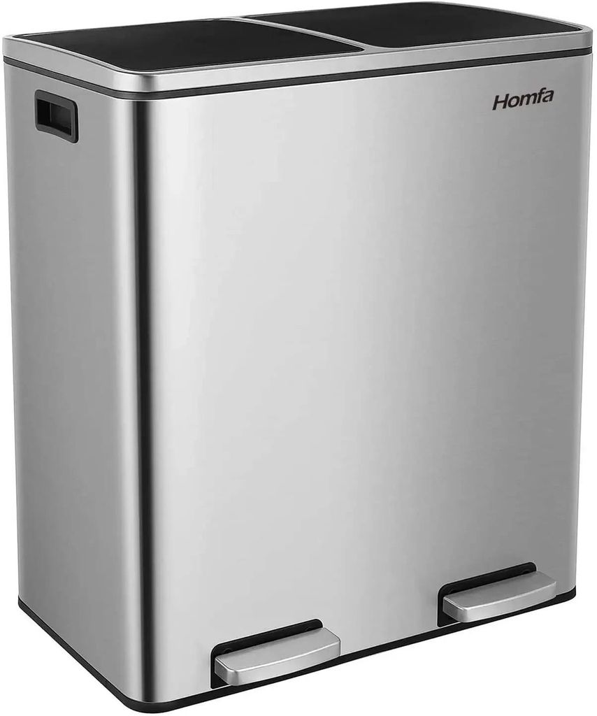 Küchen Mülleimer - Tretmülleimer 60 Liter - 2-Fach Recyclingbehälter - Rechteckig Edelstahl - Freihändig - Soft-Close Deckel - Silber