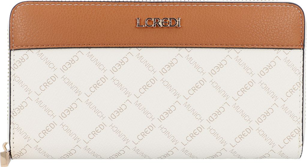 A close-up view of a white and brown L.CREDI wallet with a repeating logo pattern.