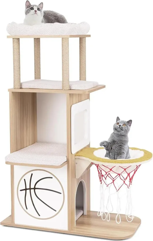 Arbre à chat en bois 120 cm avec deux niches et coussins lavables
