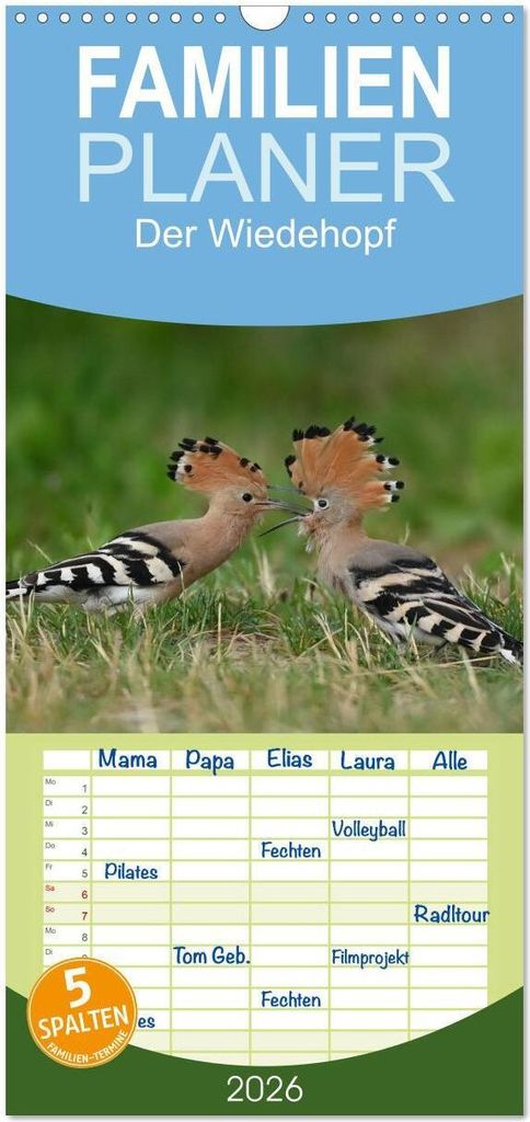 Familienplaner 2026 - Der Wiedehopf mit 5 Spalten (Wandkalender, 21 x 45 cm) CALVENDO