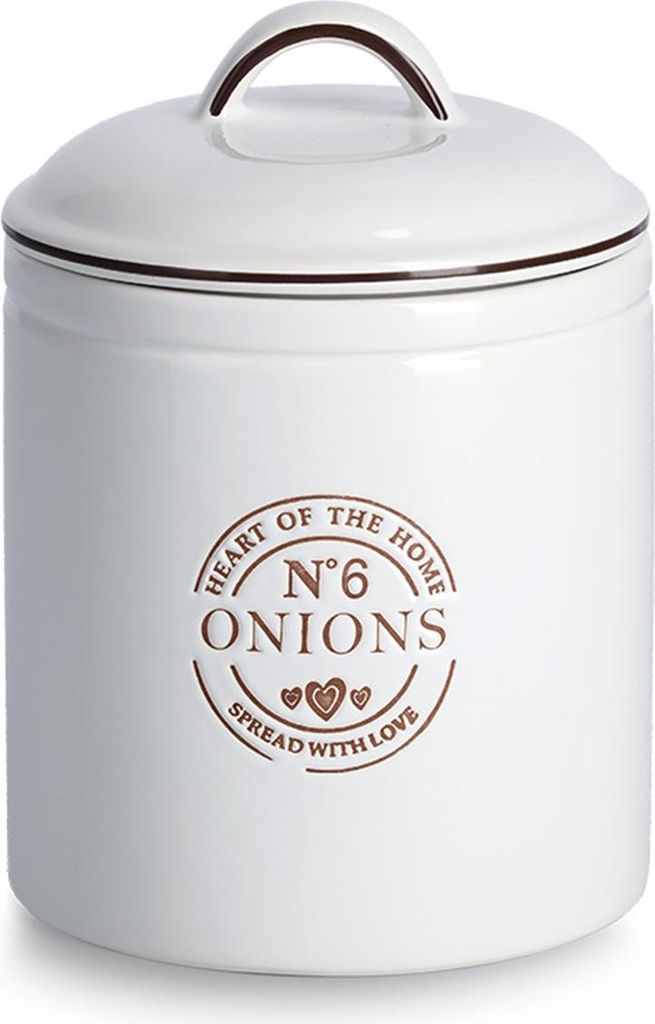 A white ceramic onion storage container with brown text and a brown handle.