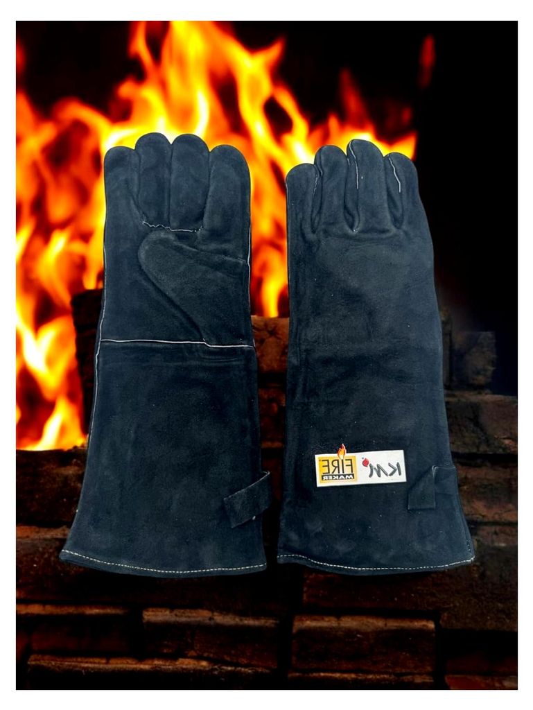 Grillhandschuh aus 100% Leder, hitzebeständig, Kaminhandschuh ca. 39 cm lang, feuerfeste Handschuhe, Backhandschuhe für Küche und Grill