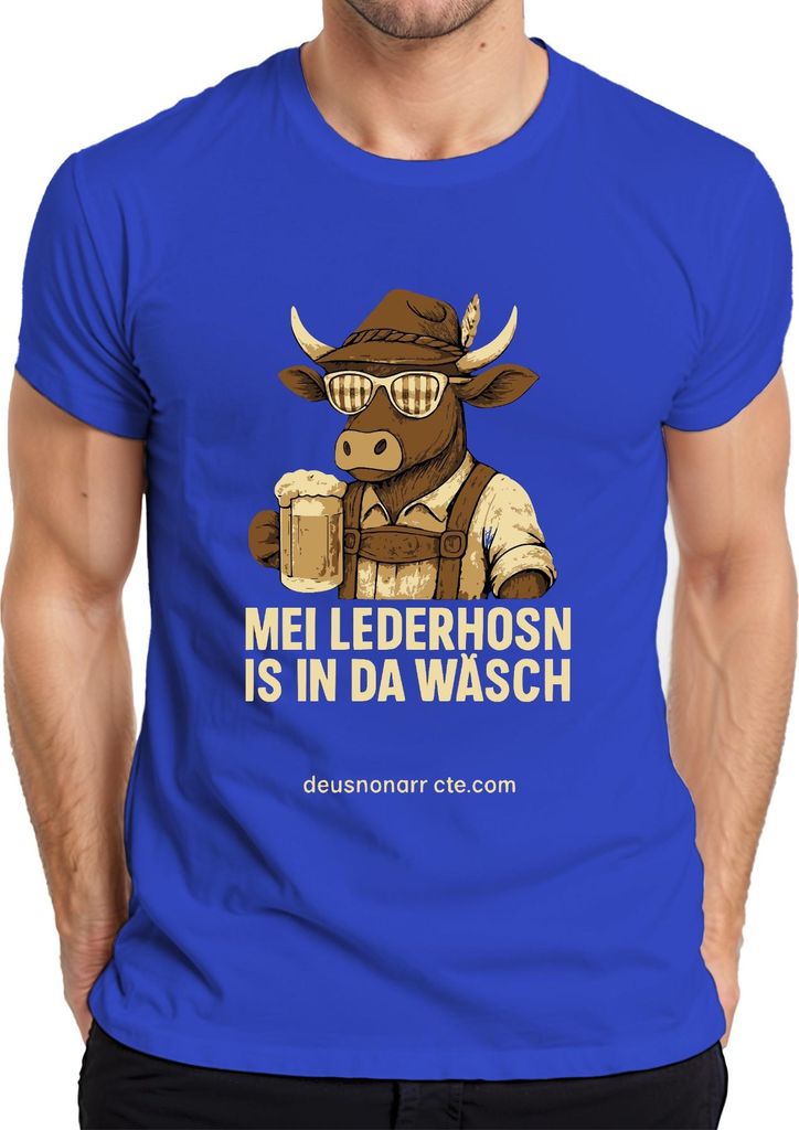 Mei Lederhosn is in da Wäsch mal wieda Bier Kuh Alpen Herren T-Shirt, Blau, S