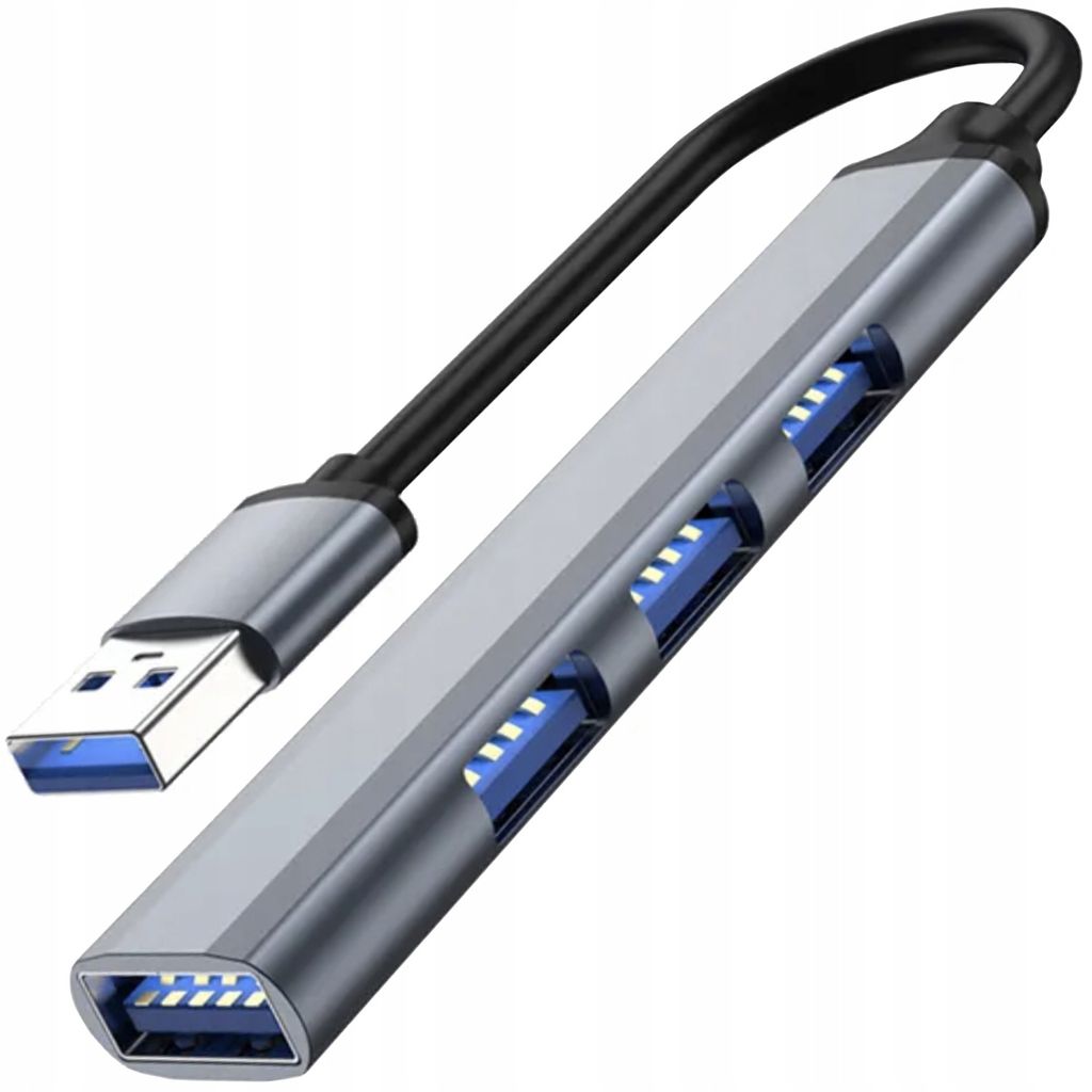 A USB hub with multiple ports is shown against a white background.