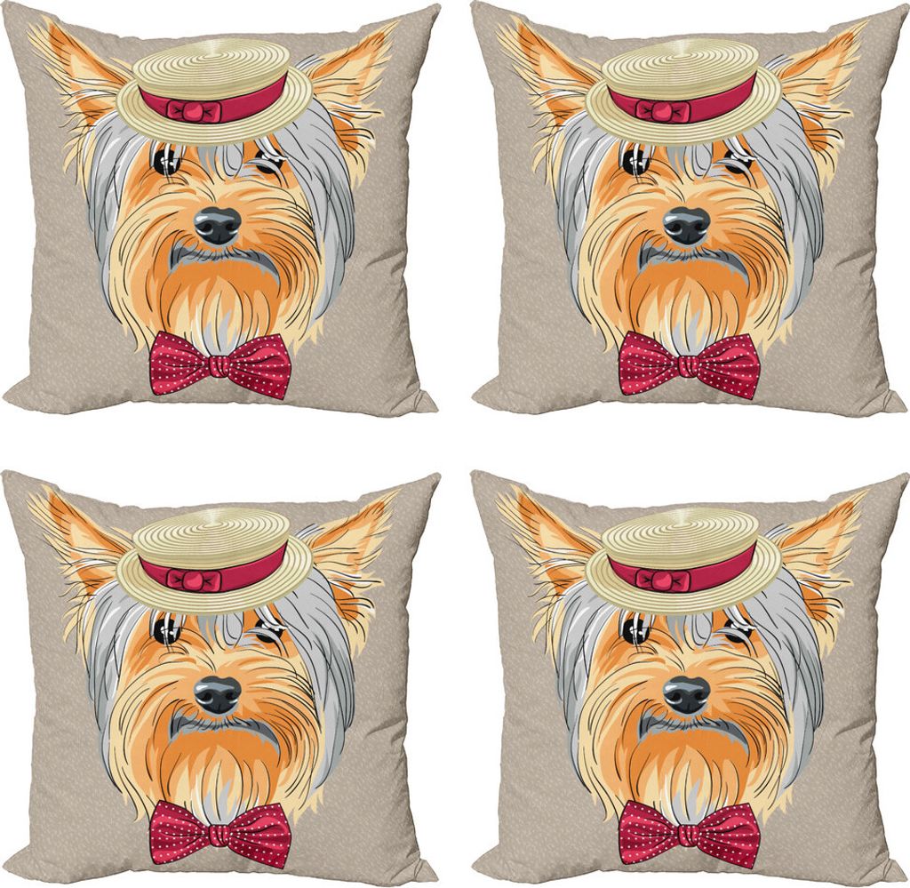 ABAKUHAUS Yorkie Kissenbezug Set (4 Stück), Hipster Gentleman Hund, Moderner Doppelseitiger Digitaldruck, 45 cm x 45 cm, Aprikose Multicolor