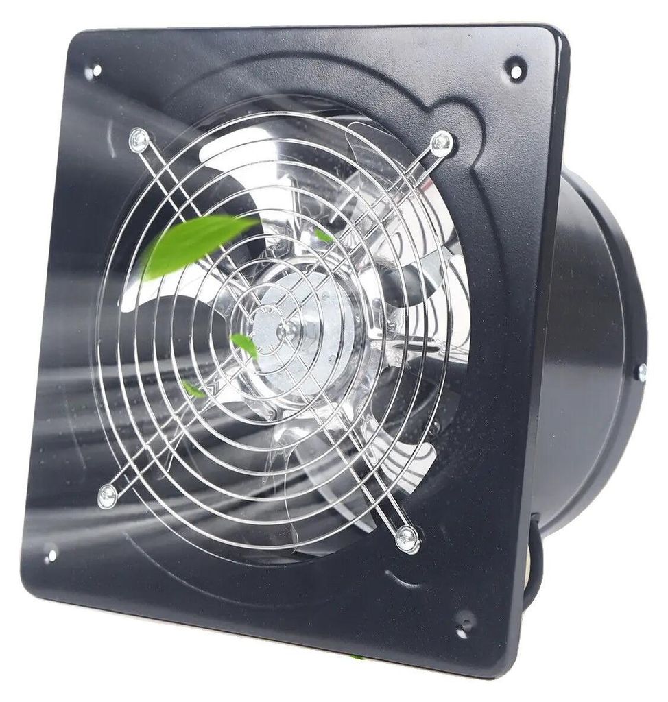 A close-up, angled view of a black industrial axial fan with a silver grille.