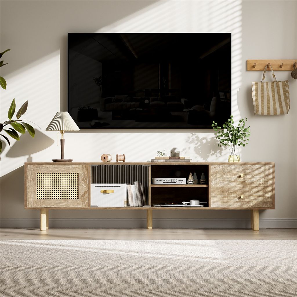 TV-Schrank, TV-Schrank mit Tür in Rattanoptik, offenen Fächern und Glasschiebetüren, mit Schubladen