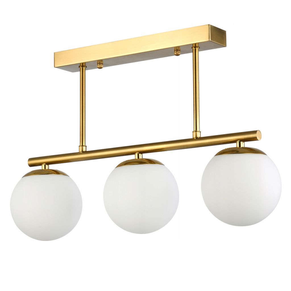 A three-light ceiling fixture with gold-toned metal accents and white glass globes, presented against a white background.