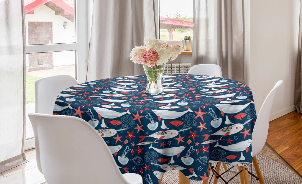 ABAKUHAUS Tovaglia rotonda Narwal, Scuola di pesci Narwhal, Tovaglia rotonda per sala da pranzo Decorazione cucina, 150 cm, Blu reale Azzurro
