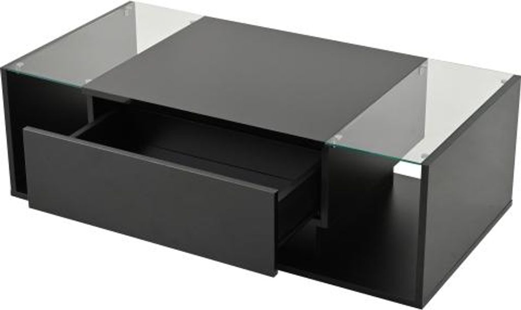 Schwarz Couchtisch 100x50x31cm Kaffeetisch 1 Schublade LED Lichtleiste Beistelltisch Gehaertetes Glas Hochglanz Sofatisch Wohnzimmertisch Minimalis...