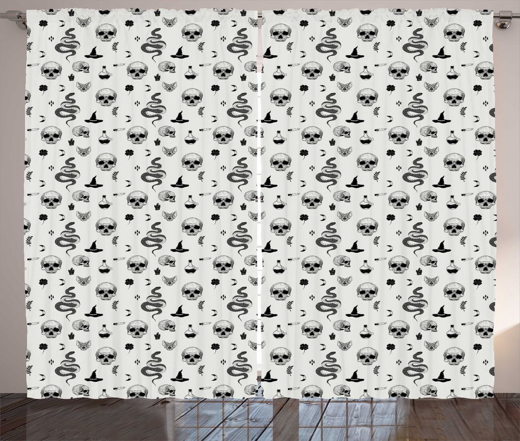 ABAKUHAUS Schädel Rustikaler Gardine, Gothic Objekte Halloween-Kunst, Schlafzimmer Kräuselband Vorhang mit Schlaufen und Haken, 280 x 225 cm, Coc...