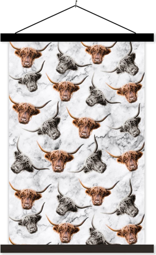 MuchoWow Textilposter Schottisches Hochlandrind - Marmor - Muster 120x180 cm mit schwarzem Rahmen - Fotos
