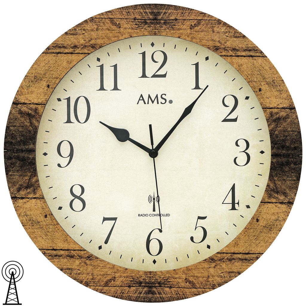 AMS 5560 Wanduhr Funk Funkwanduhr analog rund Holzgehäuse braun