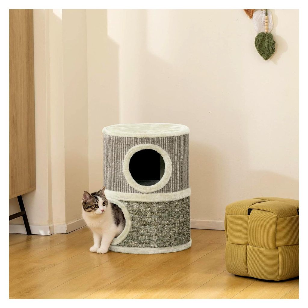 Kratztonne XXL für Katzen mit 2 Höhlen und Aussichtsplattform, Sisalkratzbrett und Plüschbezug für Mehrkatzenhaushalte