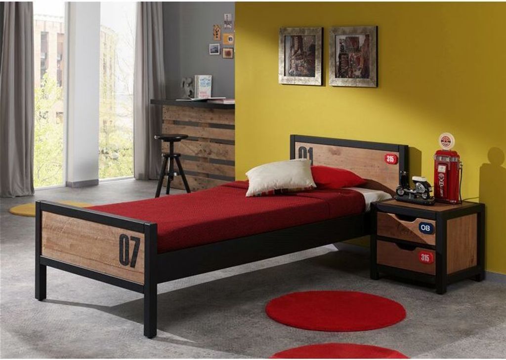 Jugendzimmer Set massiv Nachtkonsole und Einzelbett 90x200, cognacfarbig, schwarz, CUSCO-12 B x H x T ca. 158 x 80 x 200cm