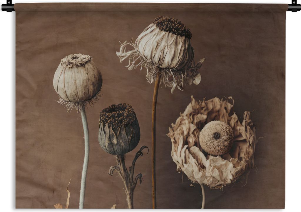 MuchoWow Wandteppich Wandbehang Blumen - Pflanzen - Trockenblumen - Braun 90x67.5 cm Tapisserie Dekoration Wandtuch - Fototeppich - Wand-Skulpturen