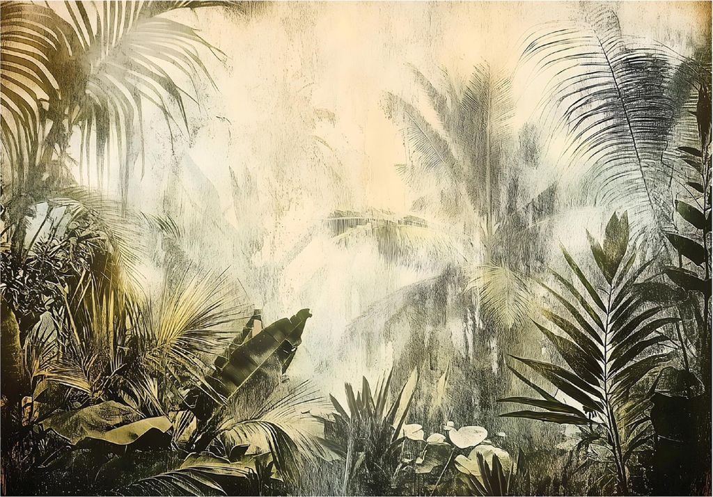 Fototapete - Dschungel Blätter Vintage - 300x210 cm - inklusive kleister - Vlies Tapete - Vliestapete Wohnzimmer Schlafzimmer Küche Modern Wandta...