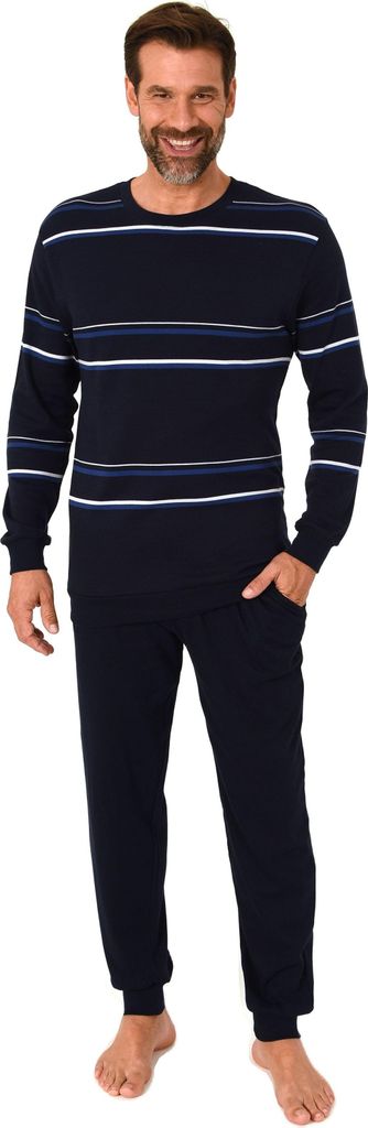 Herren Schlafanzug mit Bündchen in warmer Kuschel Interlock Qualität - auch in Übergröße ; blau ,