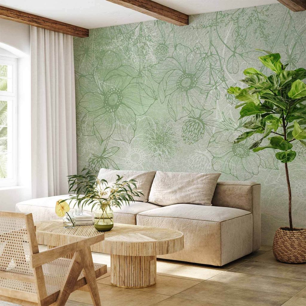 Vlies Fototapete - Flowery meadow - nature with field flowers lineart on green background 400x280 cm Blumen b-C-10120-a-b