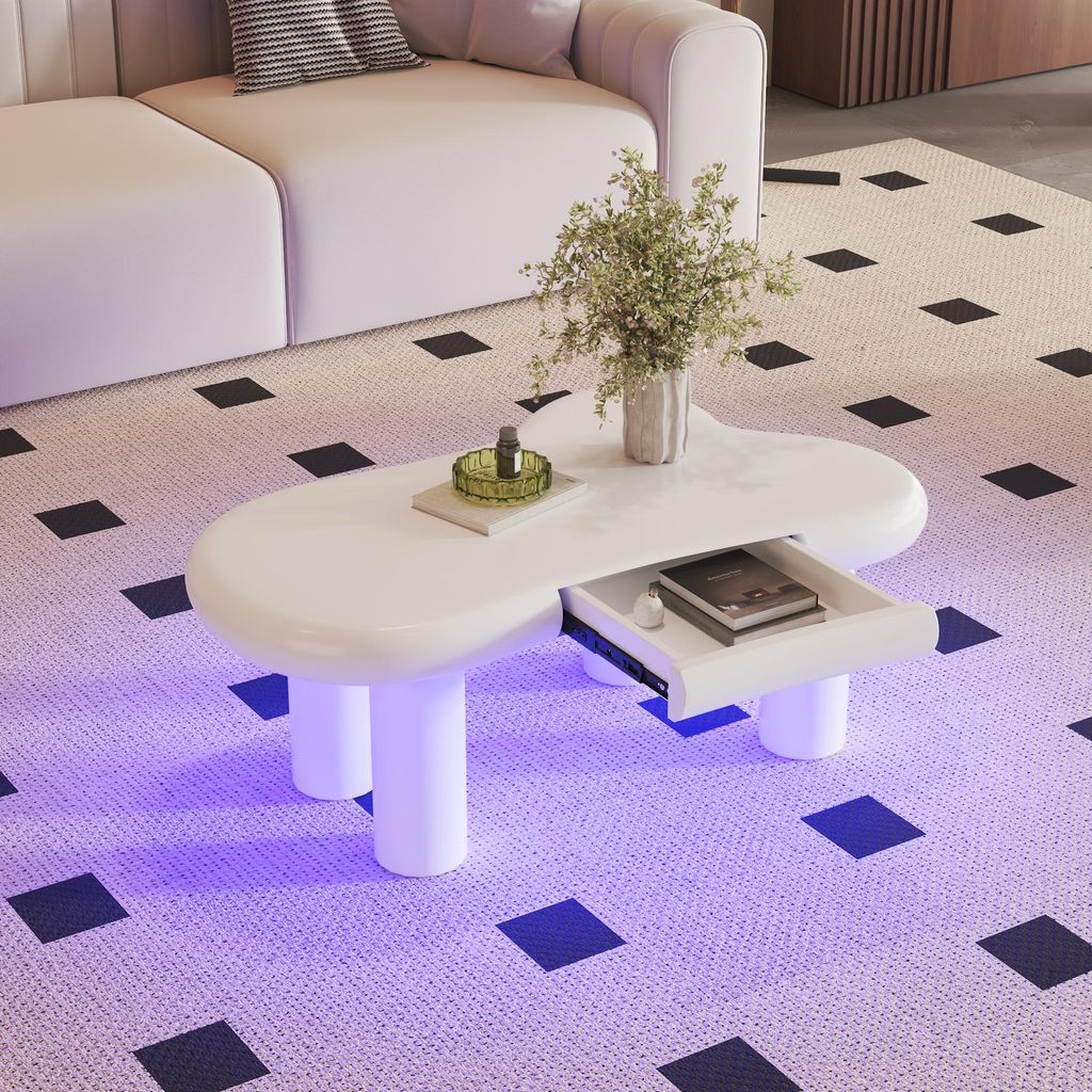 MODFU Couchtisch mit 16 farbiger wählbar-LED BeleuchtungCloud-Kaffeetisch ,Beistelltisch mit Schublade in Cloud-Form-Design,Weiß