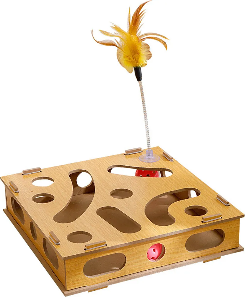 Boîte de jeu puzzle pour chat avec griffoir et canne à pêche interactive