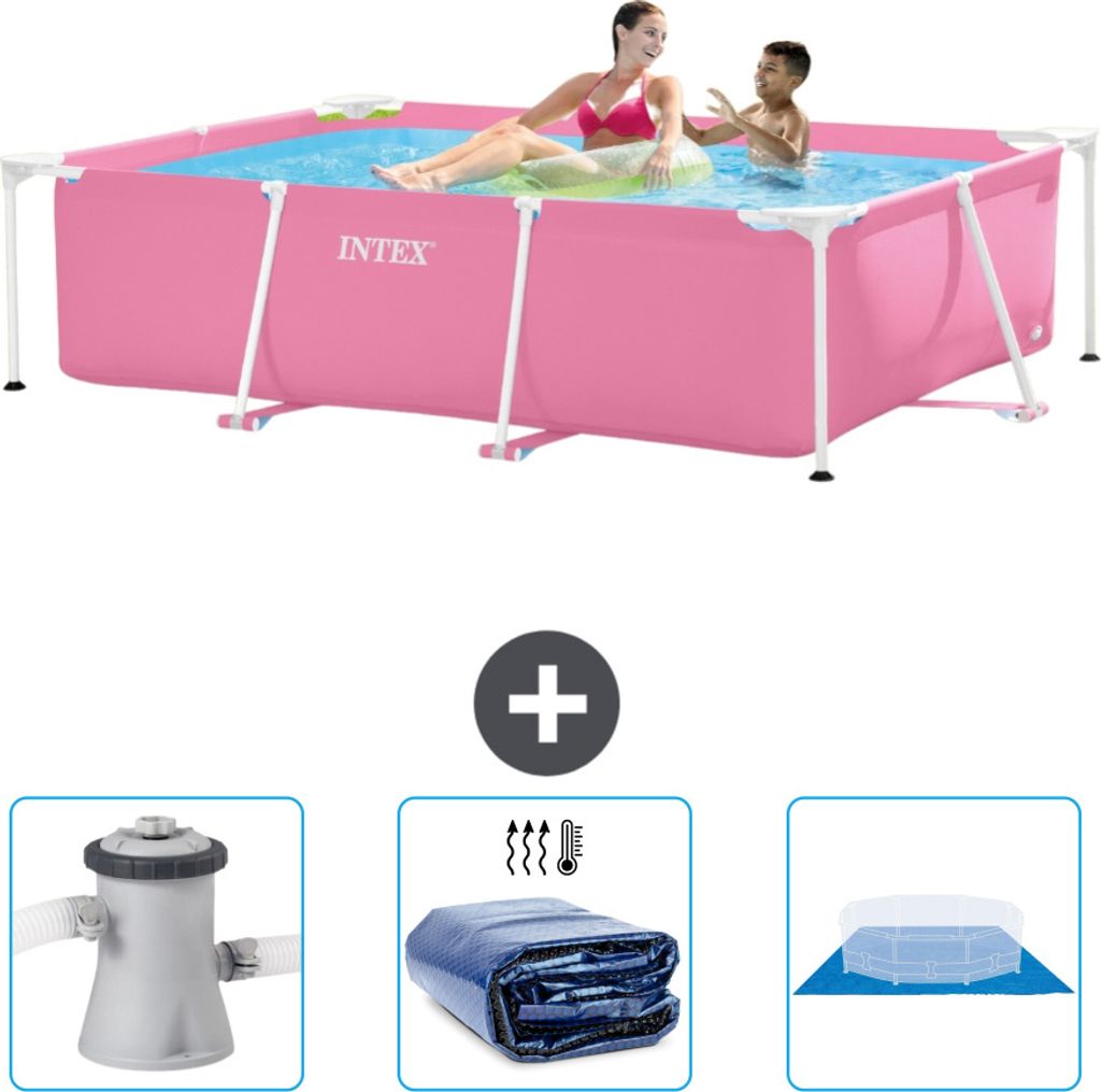 Intex-Schwimmbecken mit rechteckigem Rahmen – 220 x 150 x 60 cm – Rosa – im Lieferumfang enthalten Filterpumpe für Schwimmbad - Sonnensegel ...