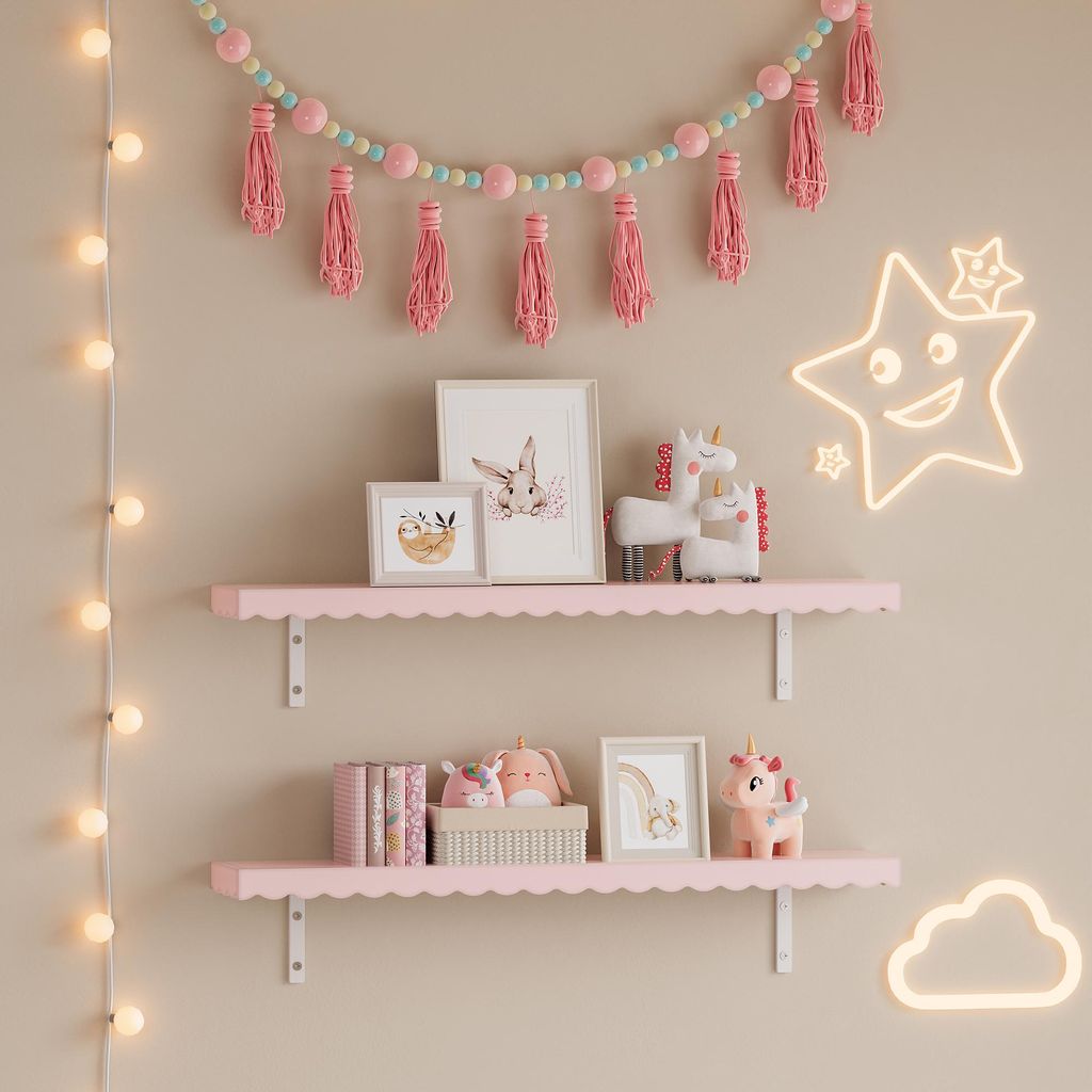A child's bedroom wall decorated with shelves, garlands, and neon lights.