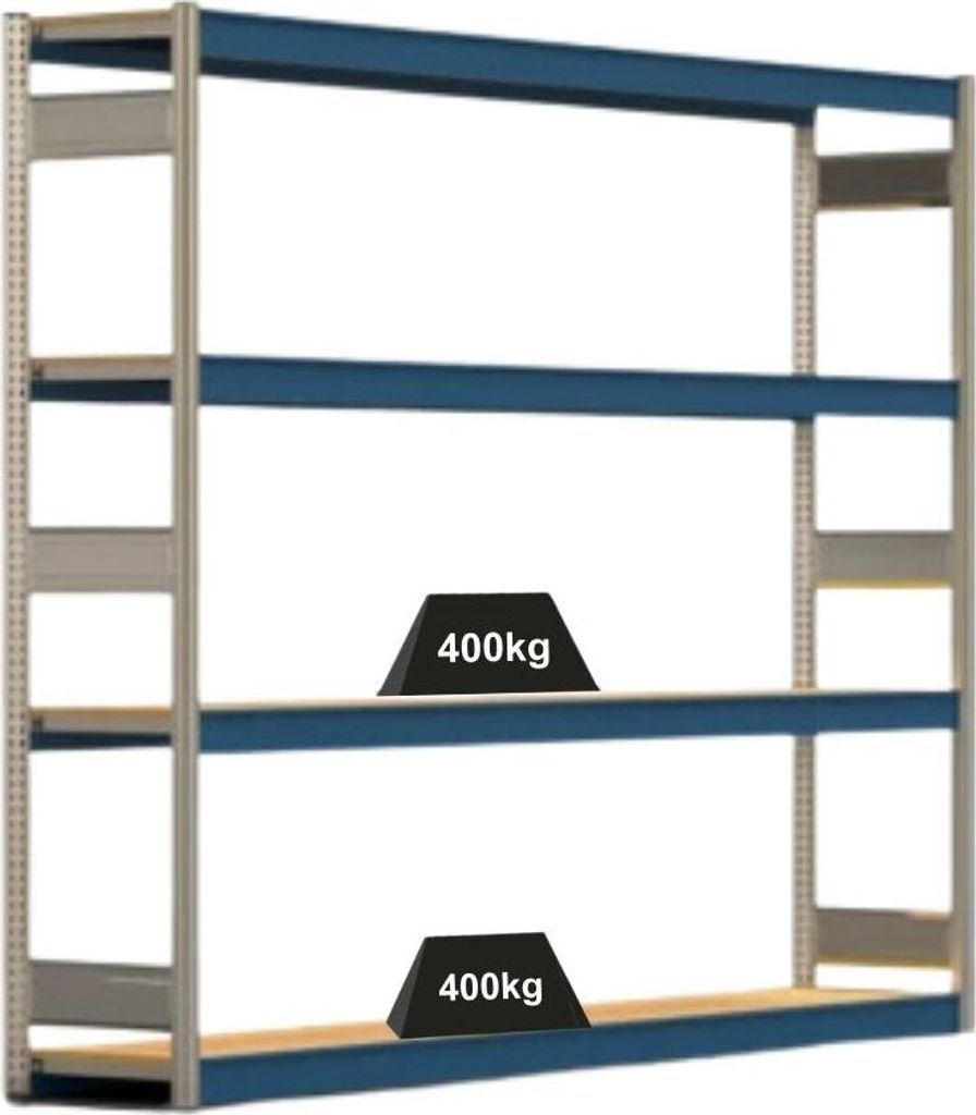 Weitspannregal ELCH Stecksystem T-Profil | Grundregal | HxBxT 200x257x40cm | 4 Ebenen | Spanplatten-Fachboden | Fachlast 400kg | Enzianblau