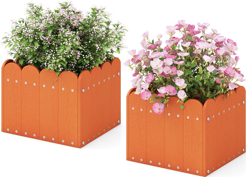 COSTWAY 2er Blumenkübel wetterfest mit Abflusslücken, Pflanzkasten HDPE rechteckig, Hochbeet, Blumentopf 32x30x25cm Orange