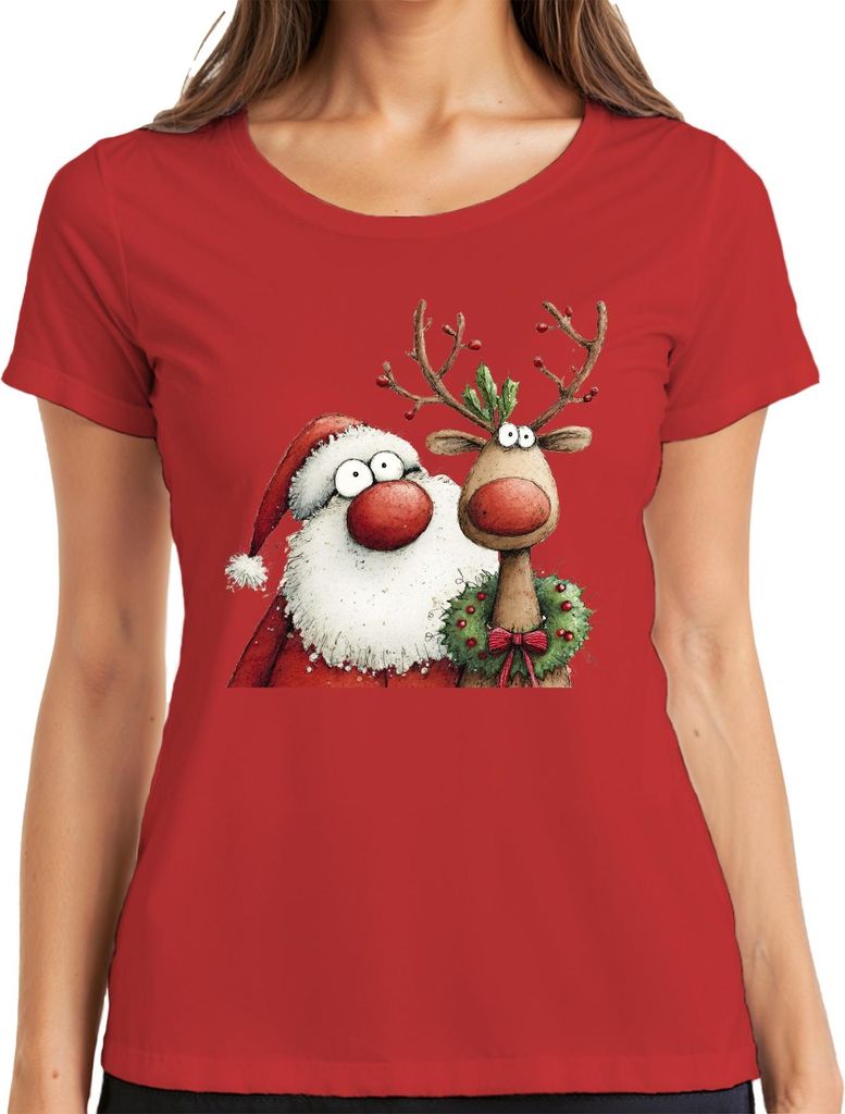 Weihnachtsmann Rentier rote Nase Kranz lustig Weihnachten Vintage Damen T-Shirt, Rot, XXL