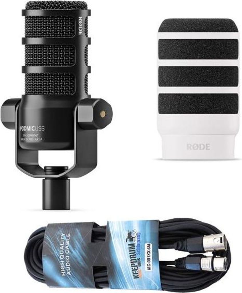 Rode Mikrofon Podmic USB mit WS14W Popschutz Weiss und Kabel
