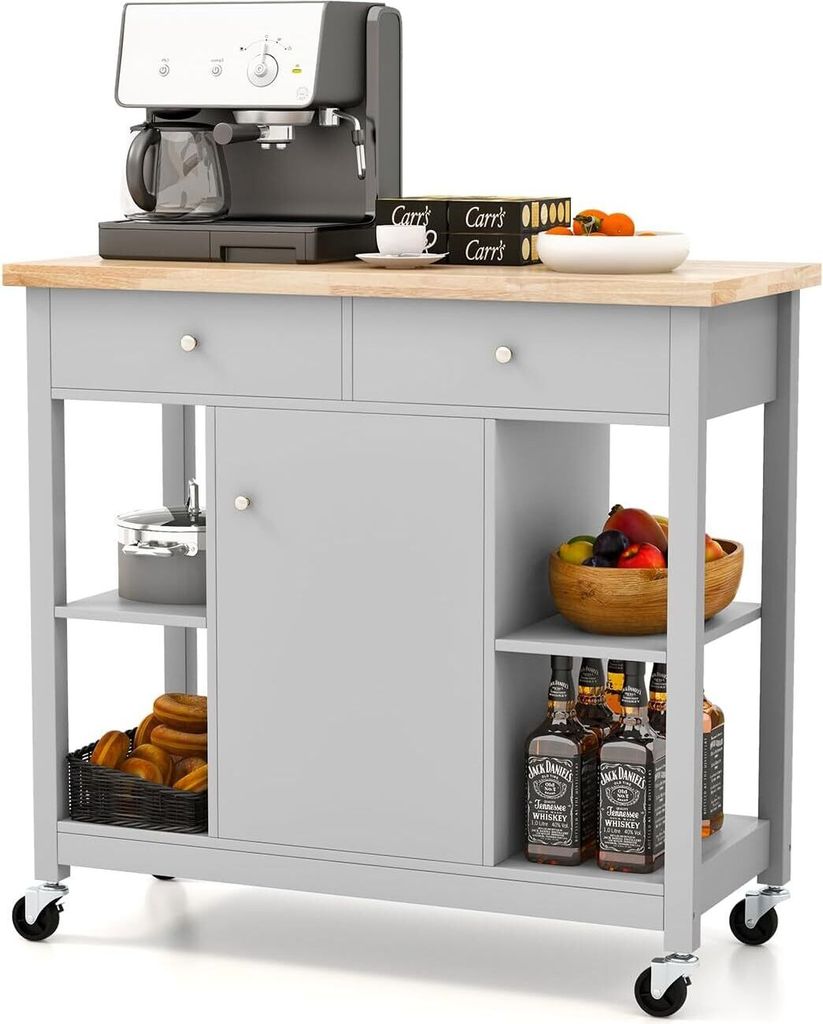 KOMFOTTEU Küchenwagen Servierwagen Holz, Mobile Kücheninsel mit Arbeitsplatte& 2 Schubladen & Türschrank, Rollwagen Küchentrolley 99 x 46 x 90c...