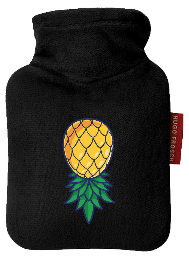 Huuraa Mini-Wärmflasche Ananas Comic 0,2 Liter Black Mini Veloursbezug Taschenwärmer Geschenkidee