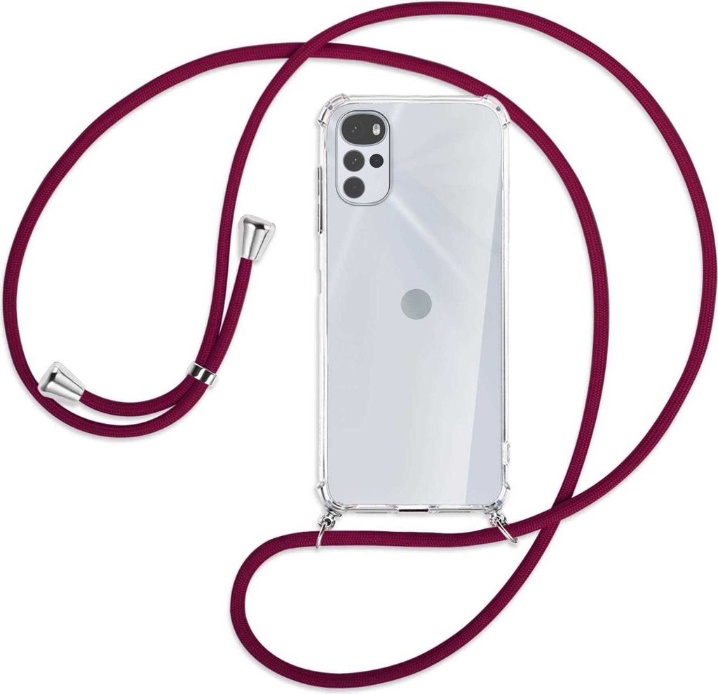 Handykette Backcover-Schutzhülle mit Band (Metall silberfarben) für Motorola Moto G22 4G - dunkelrot